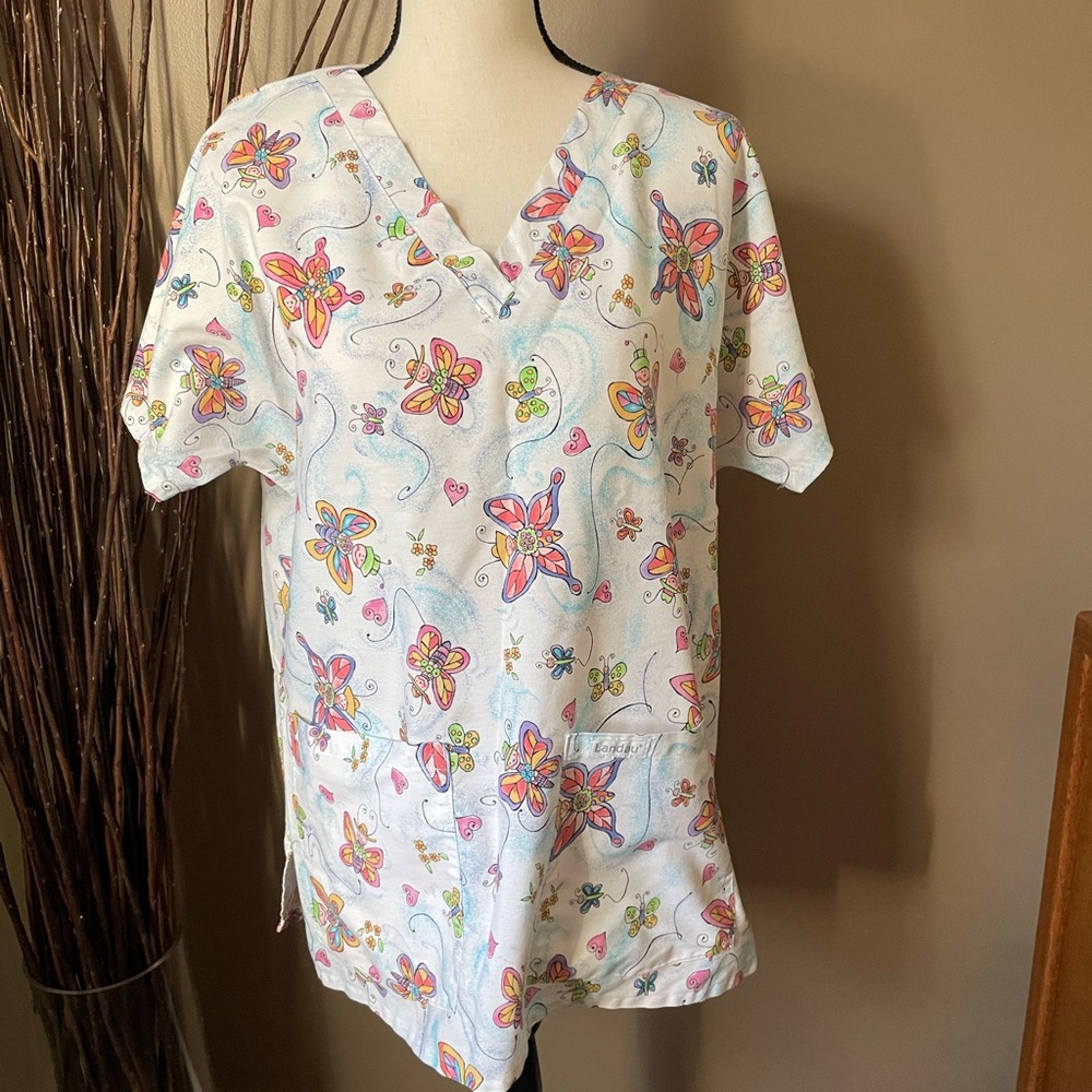 Colorful Butterfly Print Scrub Top